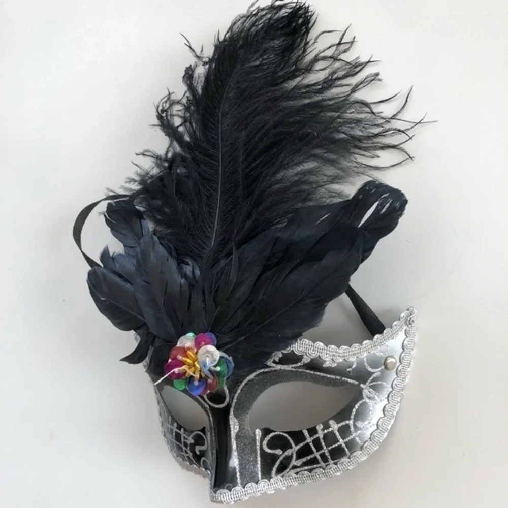 Masquerade Mask Black & Silver with Feathers